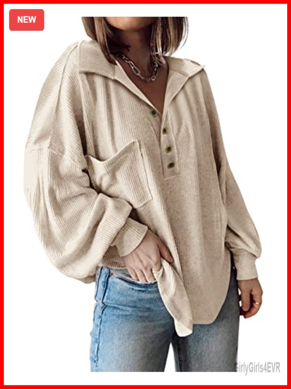Women's Ribbed Long Sleeve Tunic Top V-Neck Oversized Blouse
